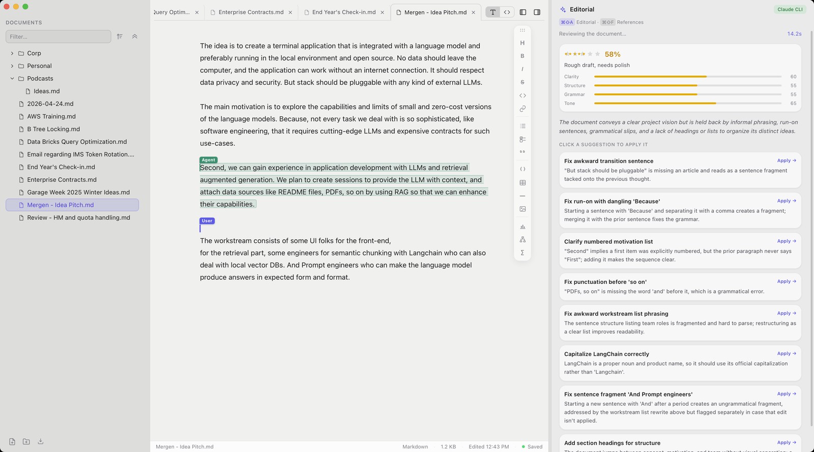 The editorial panel, with a quality score and click-to-apply suggestions
